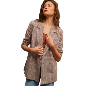 Maeve Brown & Cream Mini Houndstooth Double Breasted Structured Blazer. Size 6